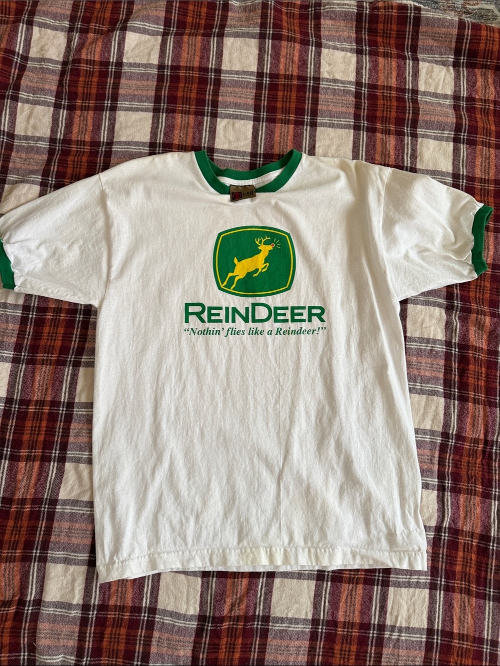 Men’s ReinDeer Graphic Ringer Tee in White & Green
